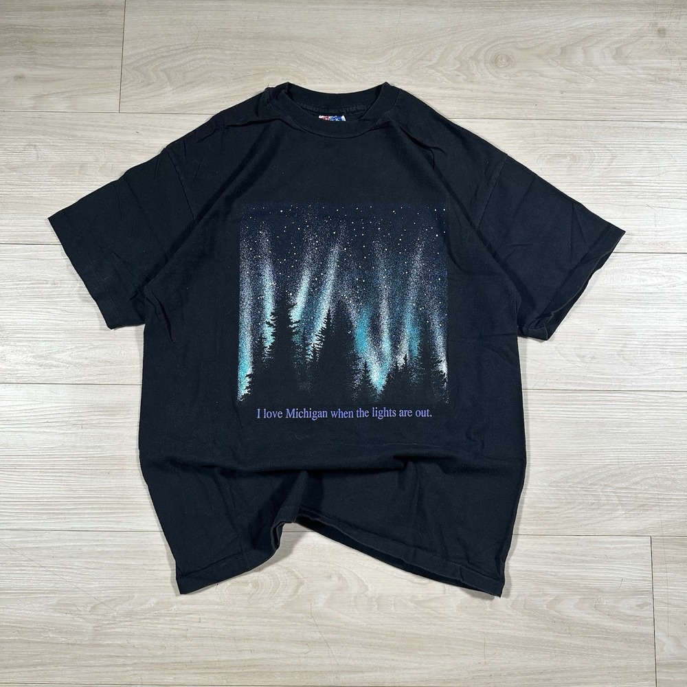 Vintage 90s Michigan Northern Lights T-Shirt Hanes Beefy-T Black Graphic M